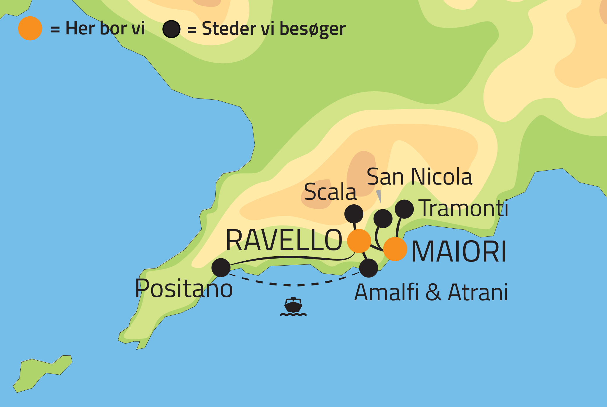 Kort over vandrerejsen p� Amalfkysten